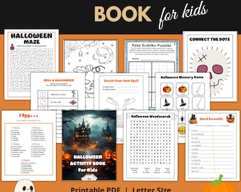 May include: A printable Halloween activity book for kids with a variety of activities, including a maze, connect the dots, word search, and more. The cover features a spooky house with pumpkins and bats.