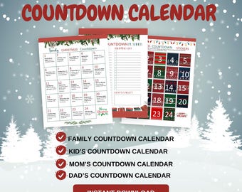 May include: Printable Christmas countdown calendar with a red, green, and white color scheme. The calendar features a family countdown, a kid's countdown, a mom's countdown, and a dad's countdown. The calendar is 8.5x11 inches.