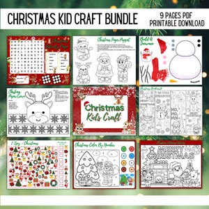 May include: A printable Christmas craft bundle with 9 pages of activities for kids. The activities include a word search, paper crown, finger puppet, color by number, and more. The pages are black and white and ready to be colored.