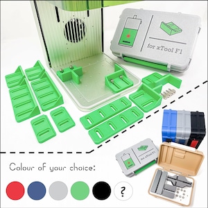 Accesorios para xTool F1, F2 y F1 Lite: Guía de posicionamiento | Kit de plantillas | Topes/Sujeciones | Caja organizadora | + Tornillos | Tope | Abrazaderas