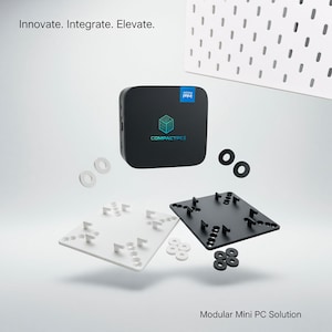 Könnte beinhalten: Ein schwarzer COMPACTPC Mini-PC mit blauem Intel-Logo, zusammen mit weißen und schwarzen Montagekomponenten und Unterlegscheiben. Der Text "Innovate. Integrate. Elevate." steht oben und "Modular Mini PC Solution" unten.