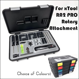 May include: A black plastic case with a variety of tools and accessories for a rotary attachment for the xTool RA2 Pro. The case is open and the tools are visible. The case is labeled "for xTool RA2 PRO Rotary Attachment". The image also shows a stack of colorful plastic cases labeled "for xTool RA2 PRO Rotary Attachment".