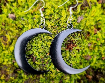 Black crescent moon earrings, hook, dangle, witchy