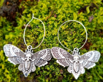 Moth hoop earrings sainless steel death's-head moth vintage style