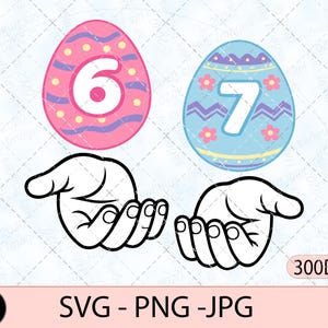 Pode incluir: Dois desenhos de ovos de Páscoa com os números 6 e 7. O ovo com o número 6 é rosa com detalhes roxos e amarelos. O ovo com o número 7 é azul com detalhes roxos, amarelos e rosas. Abaixo, uma ilustração de uma mão.