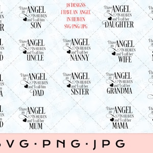 Può includere: Un download digitale di 18 design con il testo "Ho un angelo in cielo e lo chiamo..." con diversi nomi di familiari. I design sono in testo nero su sfondo bianco.