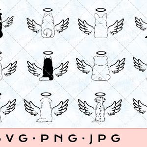 Puede incluir: Un conjunto de 10 descargas digitales en blanco y negro de varias razas de perros con alas de ángel y halos. Los perros están en posición sentada con las alas extendidas detrás de ellos. Las imágenes son perfectas para crear regalos conmemorativos personalizados para mascotas o para usar en proyectos de manualidades.