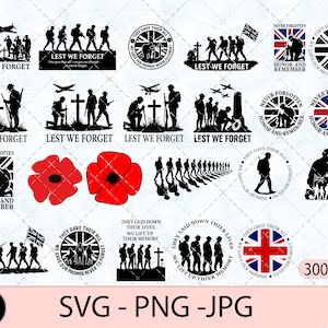 May include: A collection of black and white silhouette designs with the text "Lest We Forget," poppies, soldiers, and the Union Jack flag. The designs are suitable for memorial day or remembrance day.