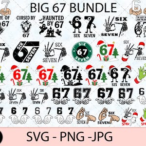 Peut inclure: Ensemble de graphiques numériques avec les chiffres 6 et 7, avec divers designs, dont des thèmes Halloween et Noël. Les designs incluent du texte tel que "Beware of 67" et "Six Seven".