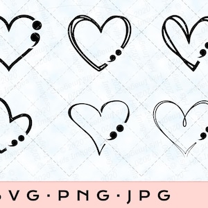 May include: A collection of six black heart designs, each with a semicolon detail. The hearts vary in style, from solid to outlined, and feature different shapes. The bottom of the image displays the text "SVG PNG JPG".