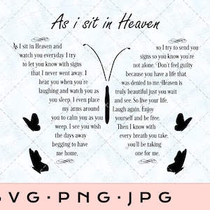 Memorial Mientras me siento en el cielo... Ala de mariposa completa SVG, jpg, png, Poema - En memoria amorosa