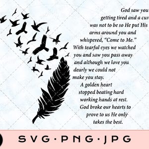 Könnte beinhalten: Grafik einer schwarzen Feder und eines Vogelschwarms mit einem Gedicht. Das Gedicht lautet: „Gott sah dich müde werden und eine Heilung war nicht, also legte Er Seine Arme um dich und flüsterte: 'Komm zu Mir.'“