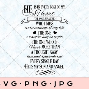 May include: A black and white digital design featuring the text "He is in every beat of my heart" and other phrases. The design includes hearts and a banner. The bottom of the image lists file types SVG, PNG, and JPG.