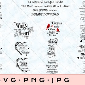 Peut inclure: Un lot de 14 designs de deuil numériques téléchargeables en format SVG, PNG et JPG. Les designs présentent diverses citations et images, notamment une plume, des ailes, un cœur, des cardinaux, un lampadaire et des papillons. Le texte "Goodbyes are not forever. The end. I'll miss you until we meet again." est présenté dans l'un des designs.