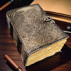 Puede incluir: Un diario de cuero de estilo vintage con un dise&ntilde;o en relieve que presenta dos aves y un &aacute;rbol. El diario tiene un cierre de metal y p&aacute;ginas envejecidas y amarillentas. Una pluma de madera descansa cerca, sugiriendo un tema de escritura.