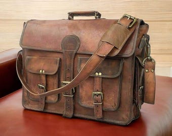 Personalized Leather Laptop Messenger Bag: Rustic Monogrammed Briefcase