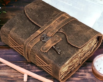 Vintage leather Journal with Key - Blank Spell Book of Shadows, Grimoire Journal, Travel Writing Notebook,  Antique Deckle Edge Paper,
