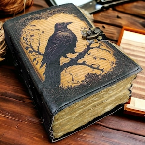 400 Page Large Grimoire Vintage leather journal,  Raven Leather Journal, Blank spell book of shadows Celestial Gifts For Him Her