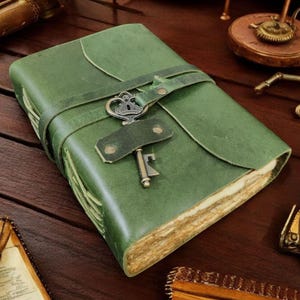 Vintage leather Journal with Key - Blank Spell Book of Shadows, Grimoire Journal, Travel Writing Notebook,  Antique Deckle Edge Paper,