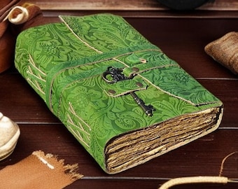 Green garden flower vintage leather Journal gifts blank spell book of shadows antique handmade deckle paper Sketchbook, Christmas Gift