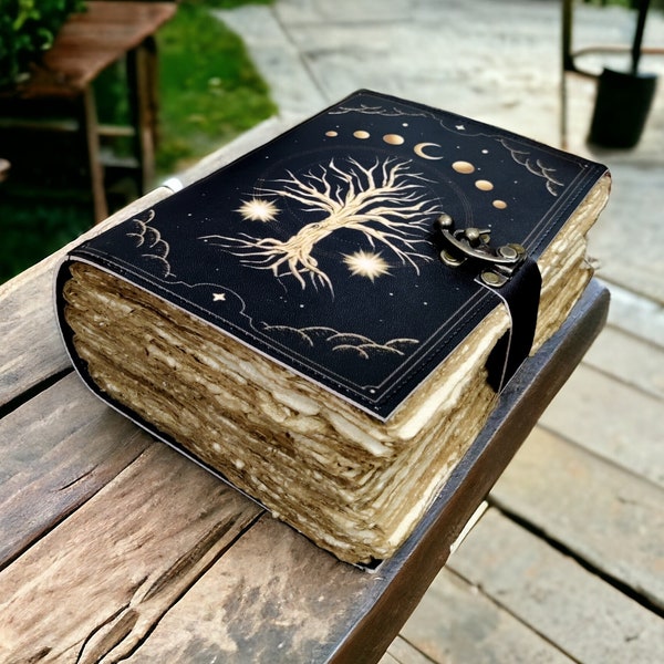 Tree of Life Leather Grimoire Journal, Celestial Book of Shadows, Handmade Rustic Diary