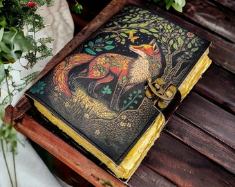 Fox Leather Journal Rustic  vintage leather  journal Antique Handmade Deckle Edge Paper Book of Shadows, Sketchbook -gift for men and women