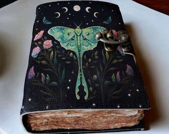 Luna Moth Leather Journal: Handmade Spell Book, Deckle Edge Paper