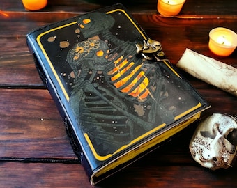 Grimoire Journal: The Lovers Tarot, Gothic Skull, Antique Leather Book of Shadows