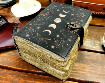 400 pagina&#39;s groot Grimoire Vintage lederen dagboek, maanfase handgemaakt vet dagboek, blanco spreukenboek van schaduwen Celestial Gifts For Him Her