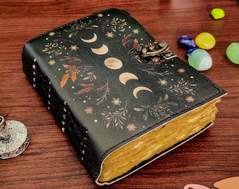 Moon Phases Vintage Leather Journal for Men & Women 200 Pages of Antique Handmade Deckle Edge Vintage Paper, Leather Sketchbook, Great Gift