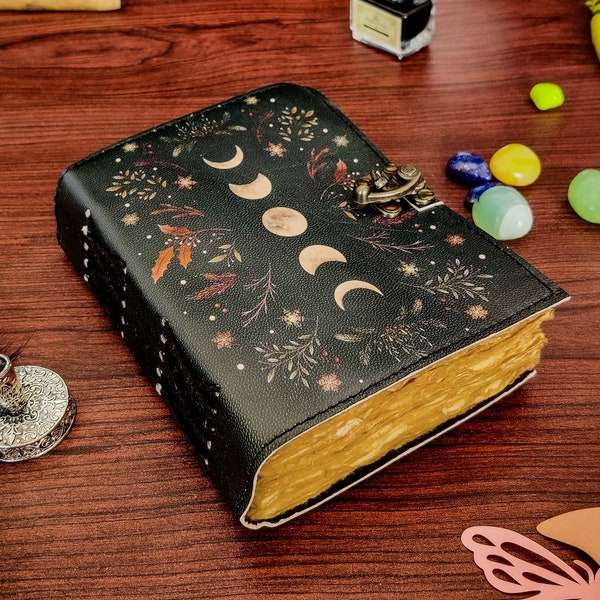 Moon Phases Vintage Leather Journal for Men & Women 200 Pages of Antique Handmade Deckle Edge Vintage Paper, Leather Sketchbook, Great Gift