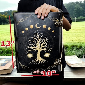 400 Page Large Grimoire leather journal,  Tree of Life fat Leather Journal, Blank spell book book of shadows Celestial Gifts For Him Her