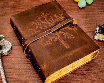 Tree of Life Leather Journal: Vintage Grimoire, Handmade Deckle Edge Paper