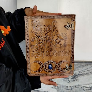 Book of Shadows Large Vintage Leather Journal Grimoire Junk Journal Leather NoteBook SketchBook with Handmade Paper Gifts for Him Her 13x10