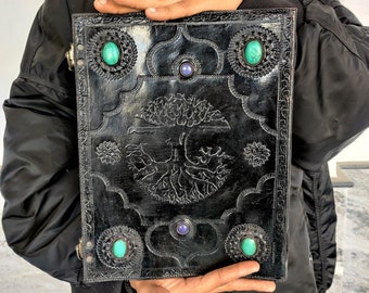 Large Journal Tree of life 6 stone Vintage Black Leather Journal Grimoire Junk Journal Leather NoteBook with Handmade Gift for Him Her 13x10