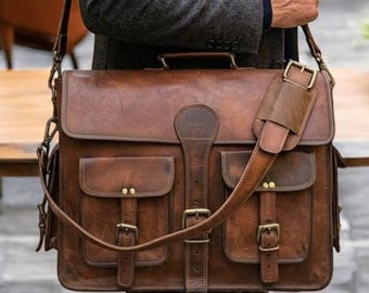 Borsa da lavoro in pelle pieno fiore realizzata a mano – Borsa a tracolla vintage per laptop per uomo e donna