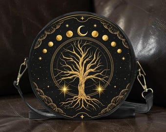 Celestial Tree of Life Leather Crossbody Bag – Gothic Moon Phases, Stars (UV Print)