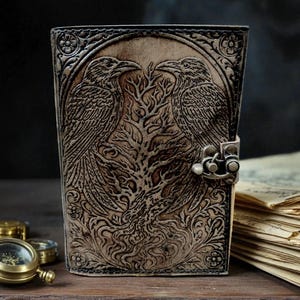 Puede incluir: Un diario de cuero marr&oacute;n con un dise&ntilde;o en relieve detallado que presenta dos cuervos enfrentados sobre un &aacute;rbol. El diario tiene un cierre de metal y patrones florales decorativos.