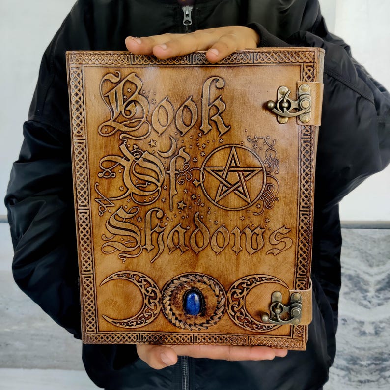 Handmade Leather Book of Shadows – Embossed Pentagram Wicca Journal, Gothic Grimoire image 14