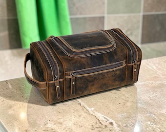 Vintage Leather Toiletry Bag, Spacious Travel Dopp Kit, Grooming Organizer (Large)