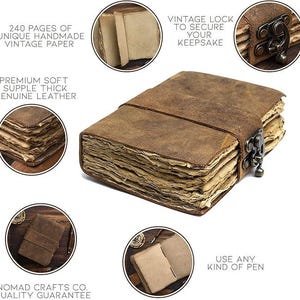 May include: A vintage-style leather journal with a clasp closure and a strap. The journal features 240 pages of handmade vintage paper. The cover is brown and the journal is labeled "Nomad Crafts Co. Quality Guarantee."