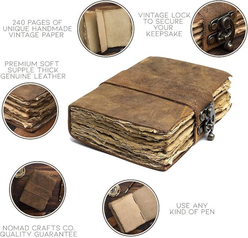 May include: A vintage-style leather journal with a clasp closure and a strap. The journal features 240 pages of handmade vintage paper. The cover is brown and the journal is labeled "Nomad Crafts Co. Quality Guarantee."