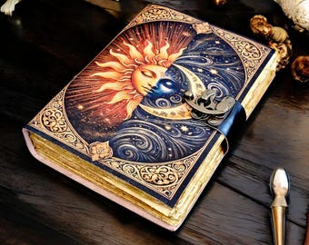 Sun Moon Leather Grimoire Journal, Celestial Book of Shadows, Vintage Lock Closure