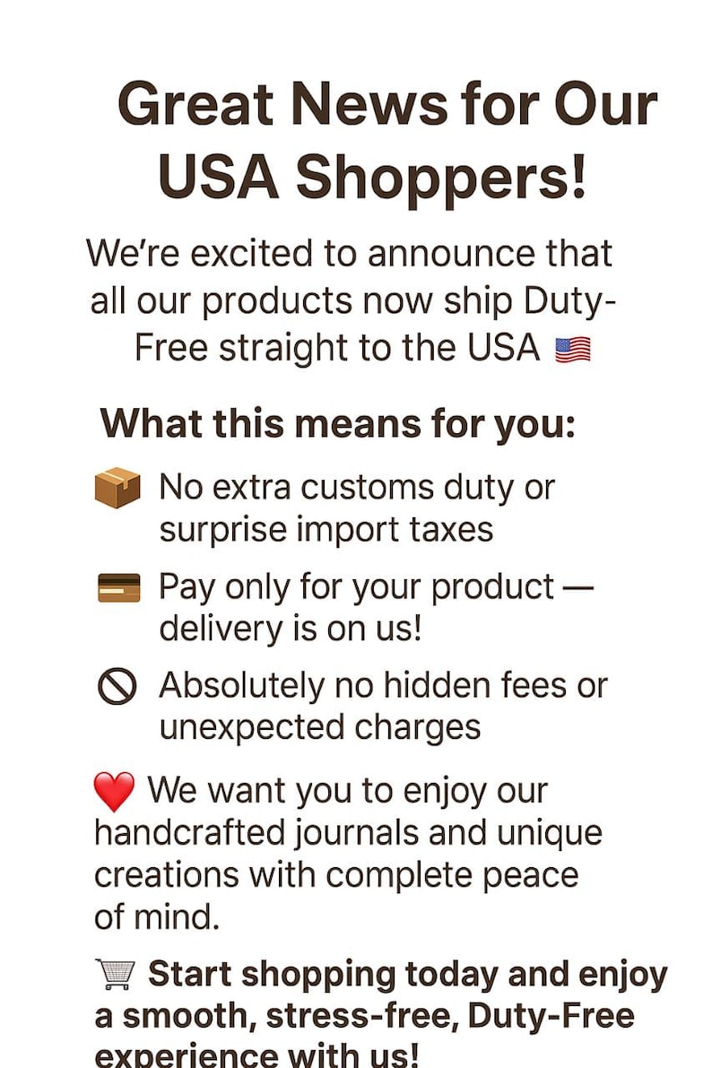 May include: An announcement on a white background, stating "Great News for Our USA Shoppers!" and details about duty-free shipping to the USA. The text includes bullet points about no extra customs duties and hidden fees.