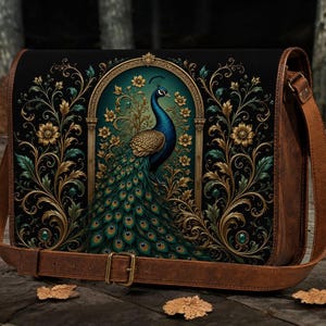 May include: A rectangular messenger bag with a brown leather strap and trim. The front flap features a black background with a central arched frame containing a peacock illustration surrounded by intricate gold and teal floral scrollwork.