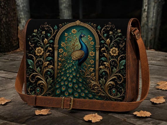 Personalized Leather Messenger Bag | Peacock Floral Satchel, Laptop Crossbody (Handmade)
