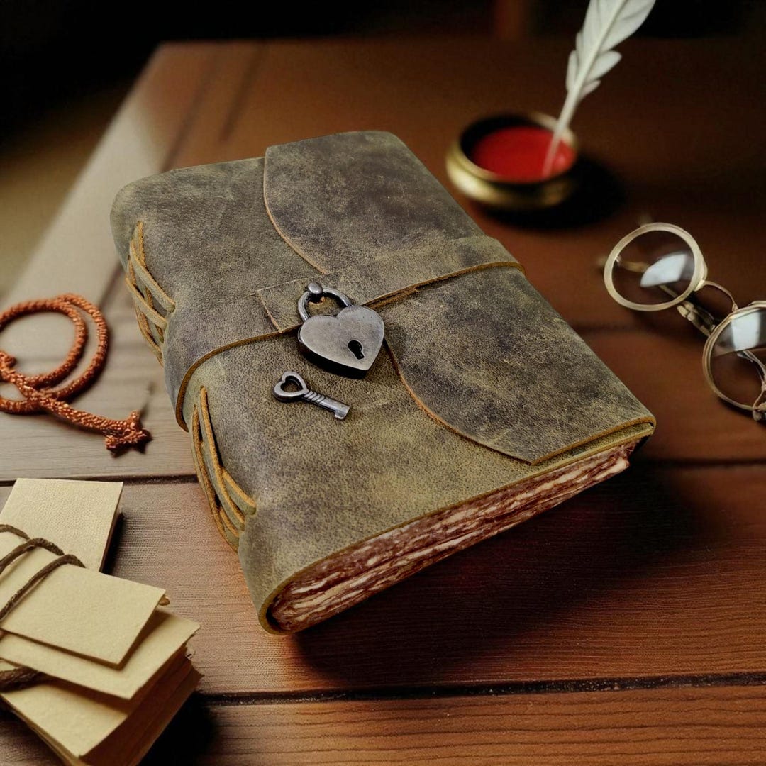 Rustic Leather Spell Book Journal: Heart Lock Grimoire, Blank Book of ...