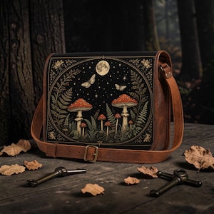 May include: A rectangular brown leather satchel featuring a black front panel with a detailed illustration of red mushrooms, ferns, butterflies, and a full moon against a starry night sky, complete with an adjustable shoulder strap and metal buckle.