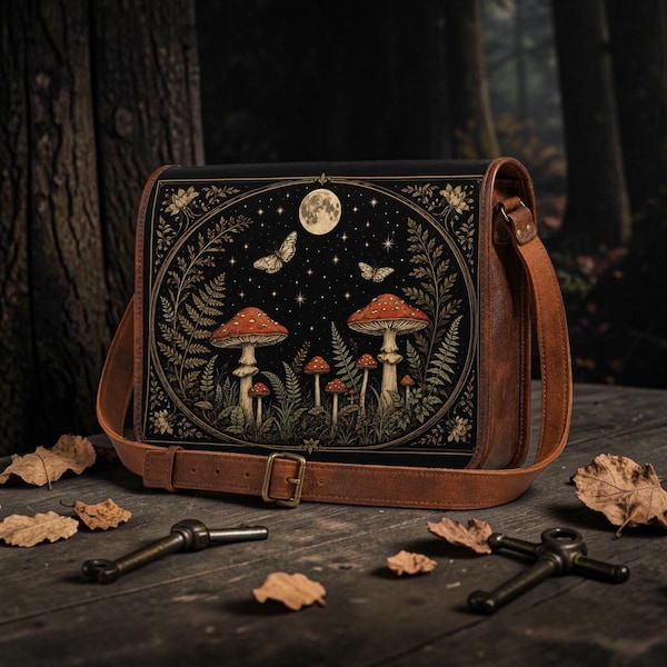 Genuine Leather Satchel Bag | Custom UV Printed Celestial Mushroom Artwork