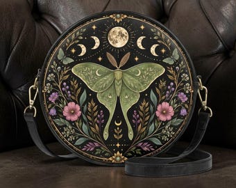 Luna Moth Celestial Leather Crossbody Bag – Gothic Botanical Design (Round Purse)